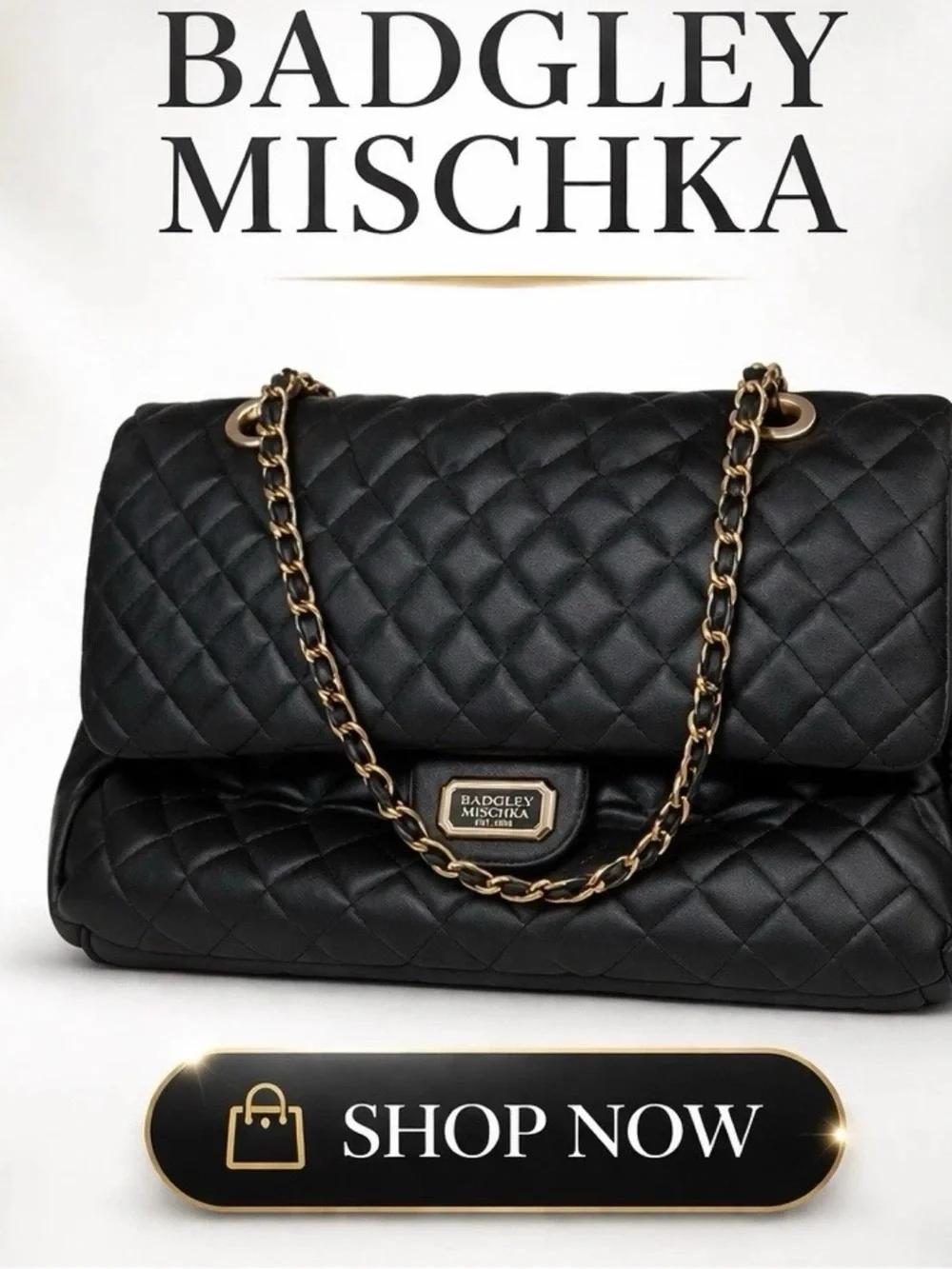 Badgley Mischka Black Quilted Shoulder Bag with Gold Chain